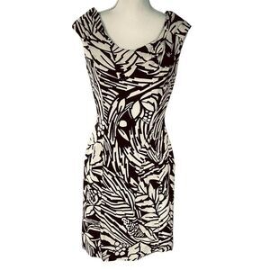 Louis Feraud Expressions 100% Silk Black & Ivory Dress Sz 4 Faux Wrap Cowl Neck
